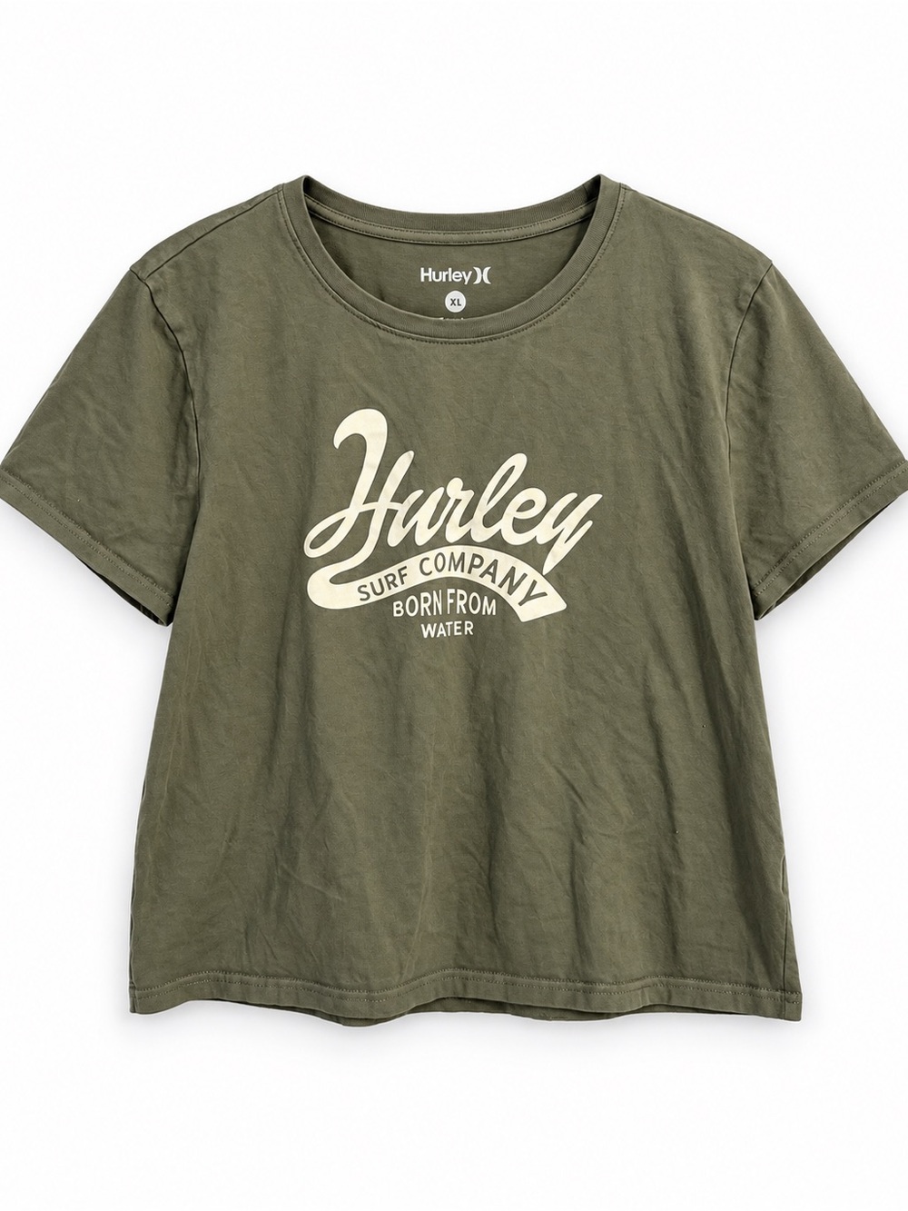 Hurley Surf Company Olive Green Cropped Graphic Tee Women’s XL Coastal Skater Y2